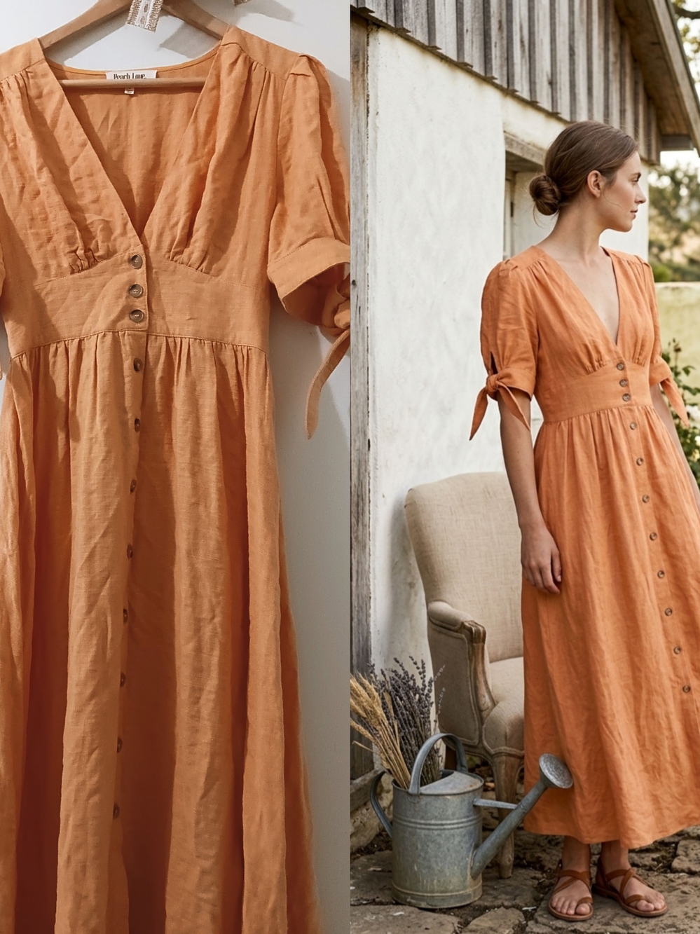 LOVE OF MY LIFE BUTTON FRONT TIE SLEEVE PEACH LOVE CALIFORNIA MAXI DRESS SMALL